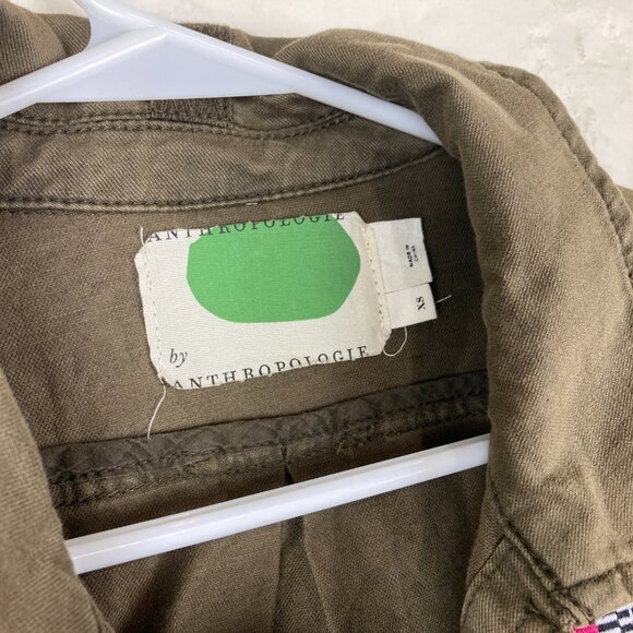 Anthropologie Sz XS Army Green Military Shirt Jacket Beaded Patches Button Down - Picture 4 of 9